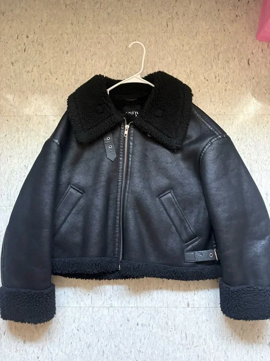 Zara Black Leather Sherpa Jacket - Picture 1 of 4